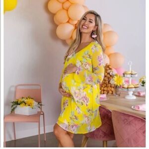 PinkBlush Yellow Floral Swing Maternity Dress sz M EUC